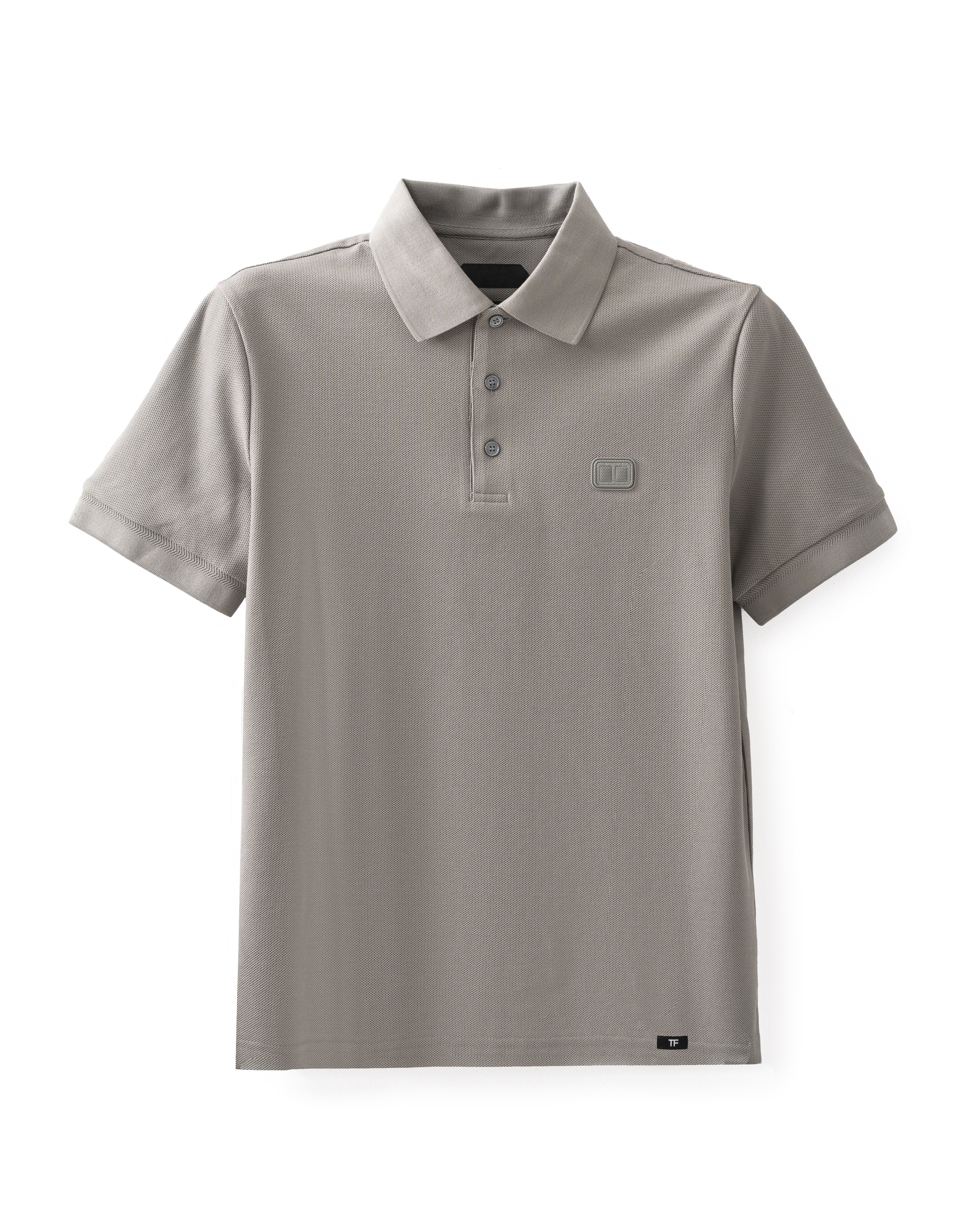 A grey knitted polo shirt with a collar, short sleeves, and button-up front.