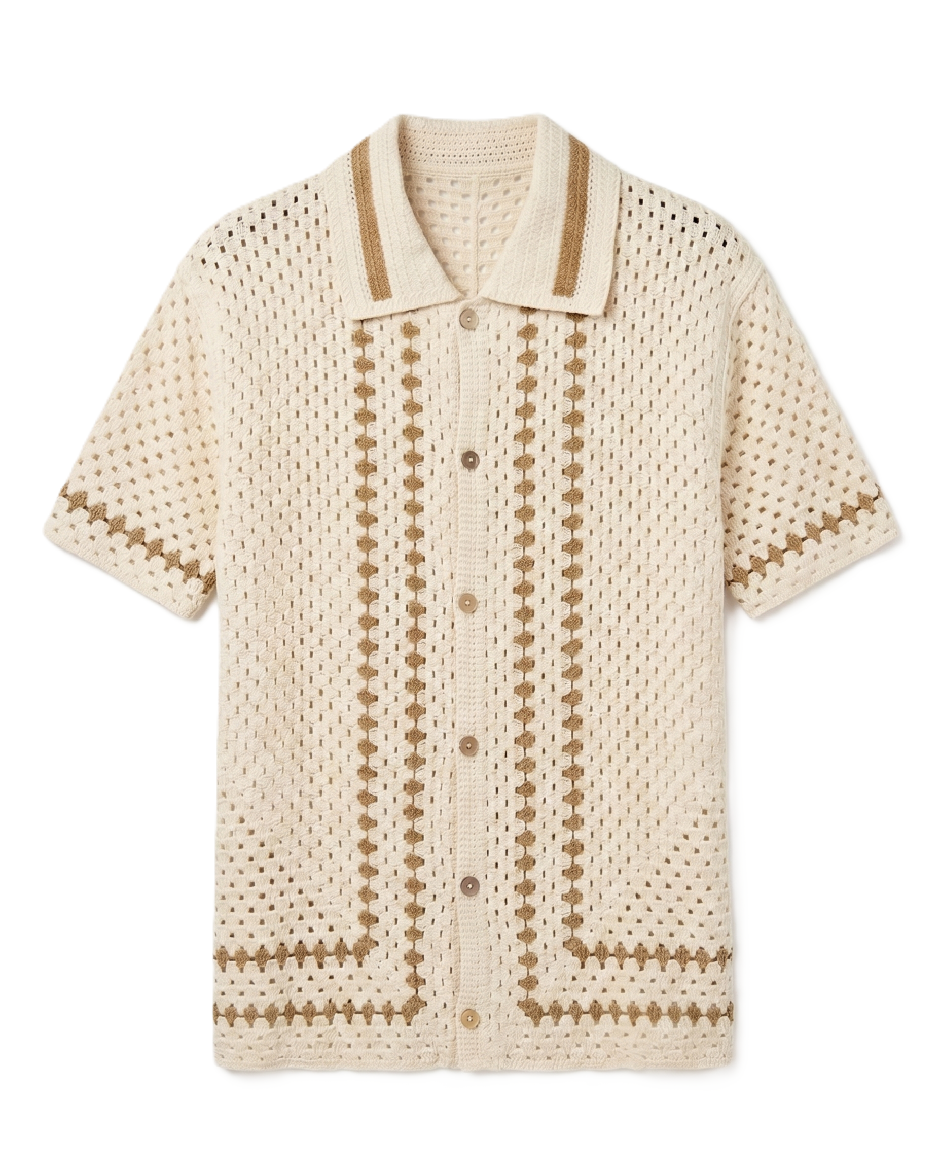 Bzze - Crochet Short Sleeve Shirt - Cream & Tan