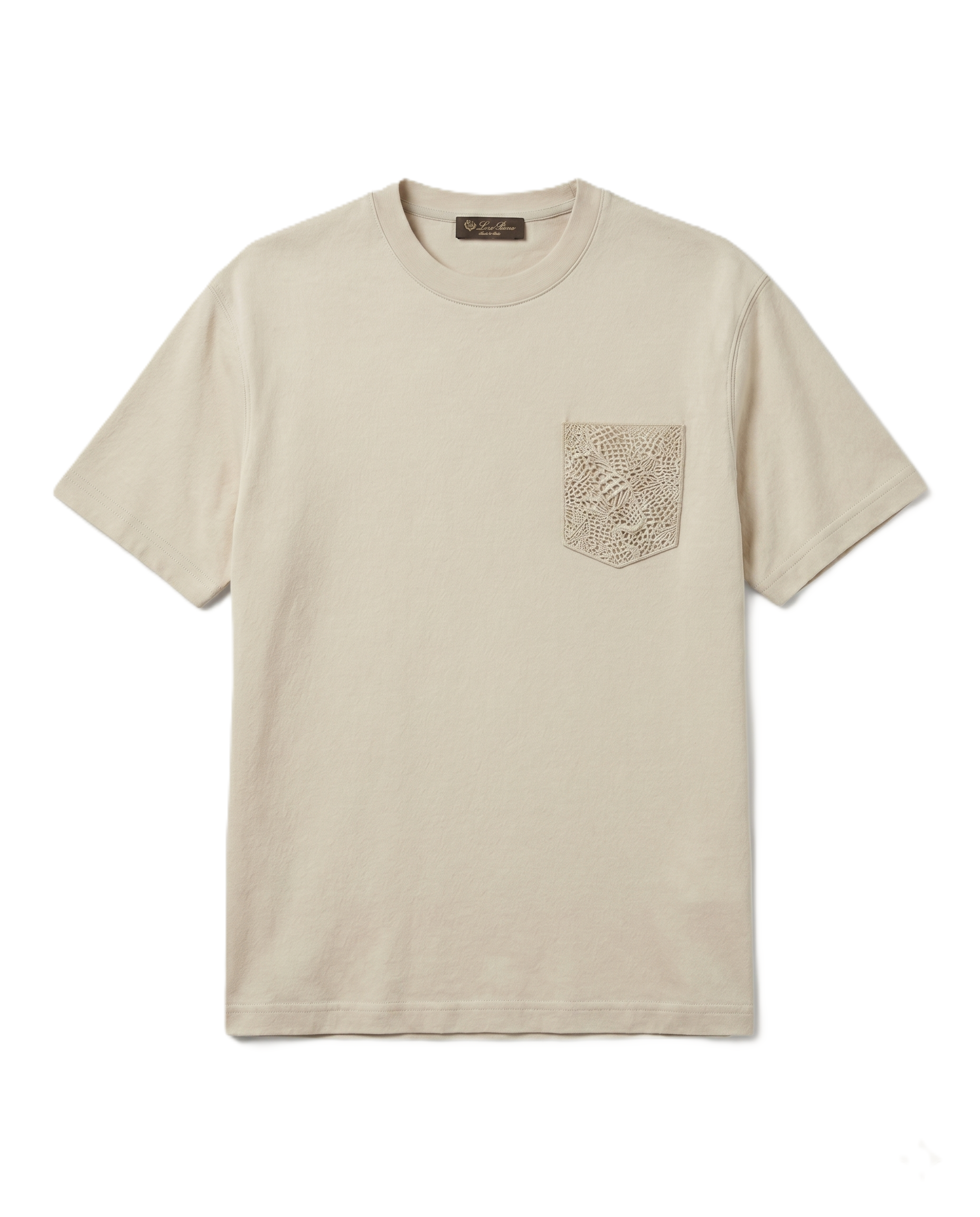 Loro Piana - Beige Cotton T-Shirt with Lace Pocket
