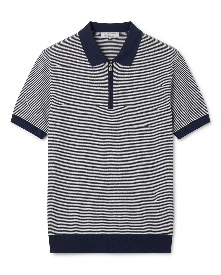 Brunello Cucinelli - Striped Quarter-Zip Knit Polo - Navy/White