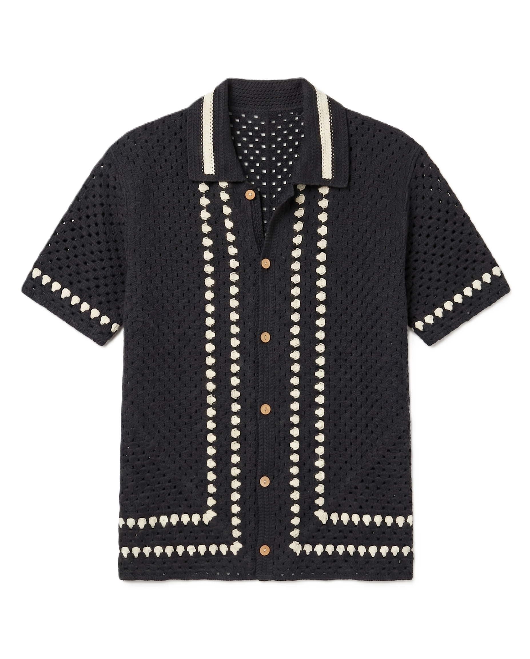 Bzze - Hand-Crochet Knit Polo Shirt - Black & Cream