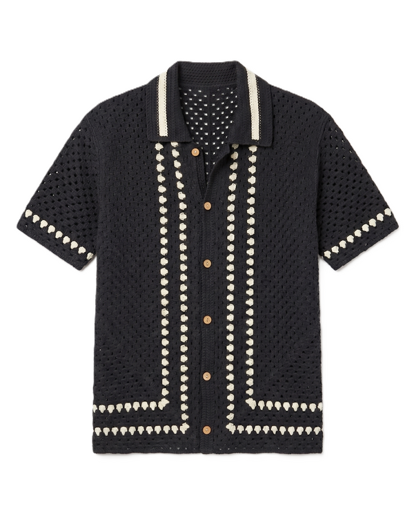 Bzze - Hand-Crochet Knit Polo Shirt - Black & Cream