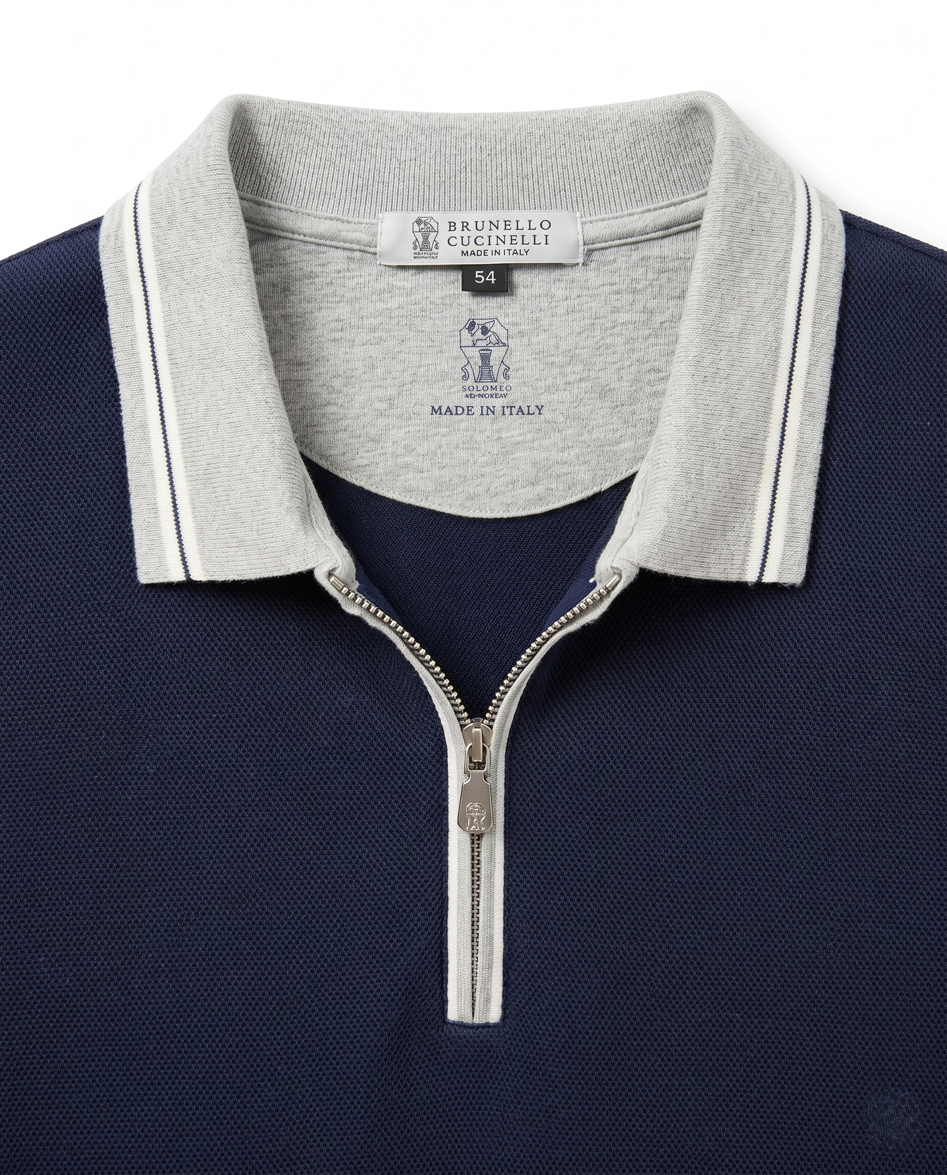 Brunello Cucinelli - Contrast-Collar Half-Zip Knit Polo T-Shirt - Navy