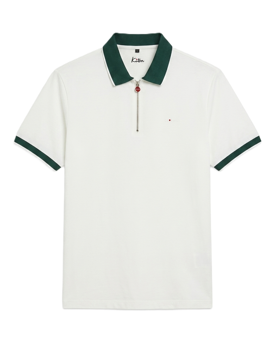 Kiton - Zip-Front Polo - White with Green Trim