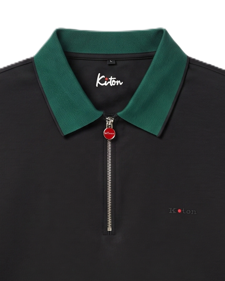 Kiton - Zip-Front Polo - Black with Green Trim