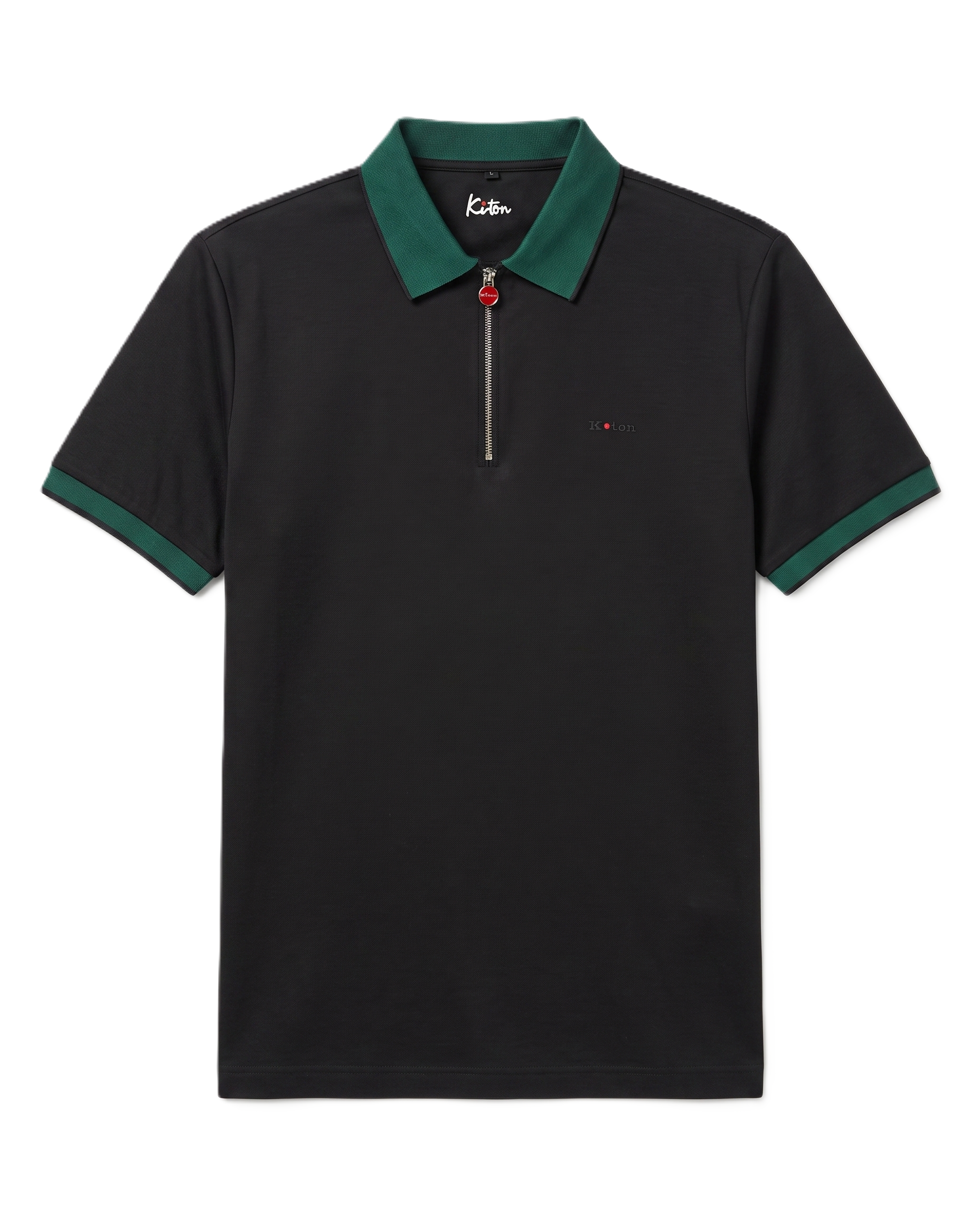 Kiton - Zip-Front Polo - Black with Green Trim