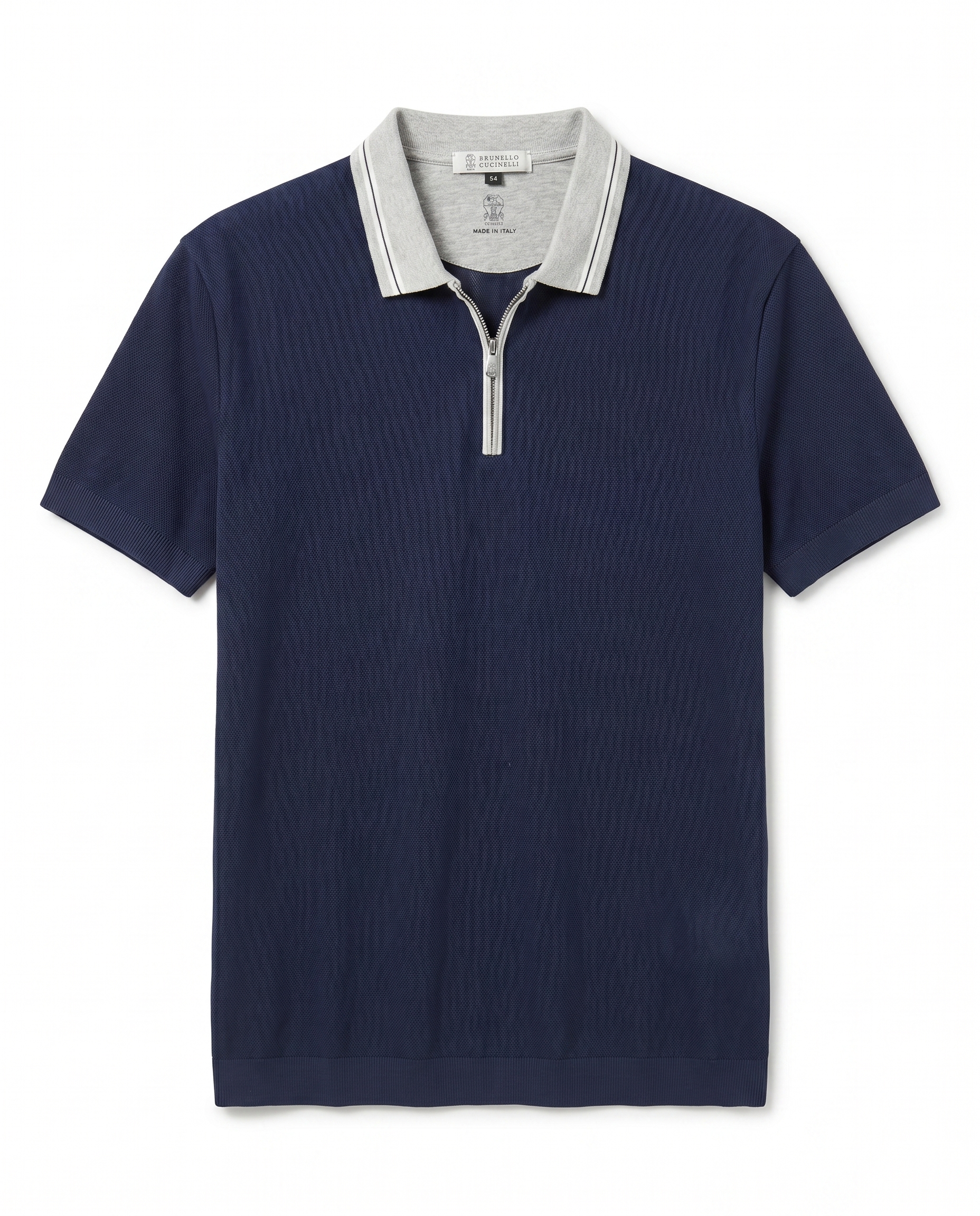 Brunello Cucinelli - Contrast-Collar Half-Zip Knit Polo T-Shirt - Navy