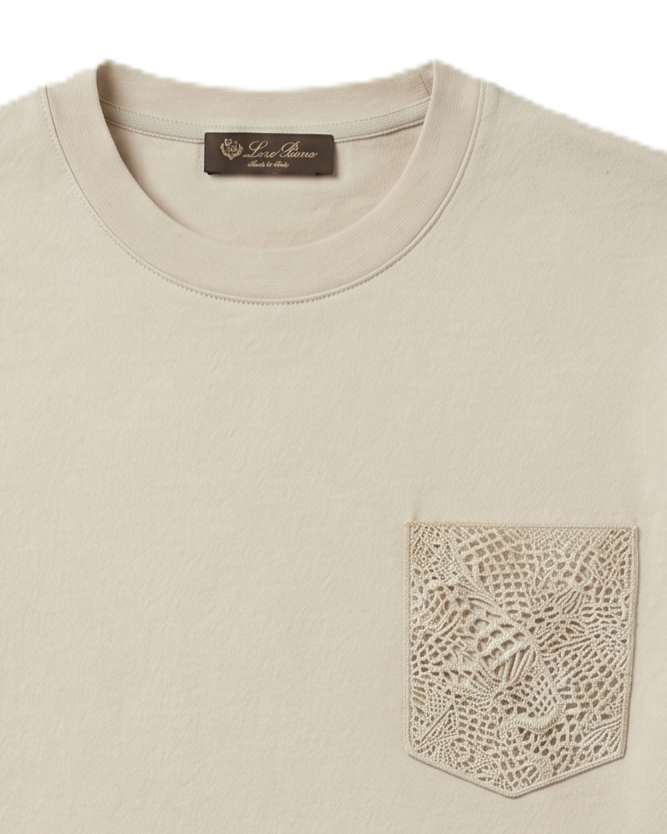 Loro Piana - Beige Cotton T-Shirt with Lace Pocket