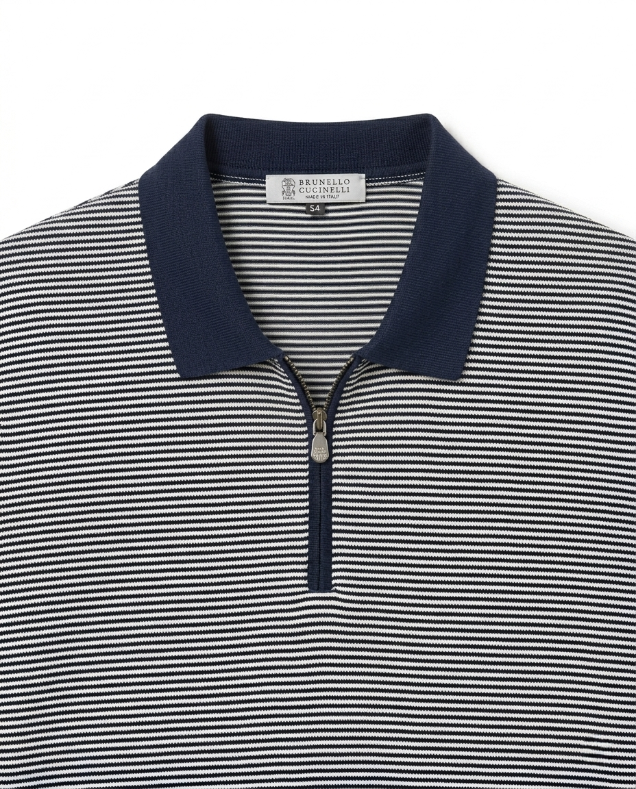 Brunello Cucinelli - Striped Quarter-Zip Knit Polo - Navy/White