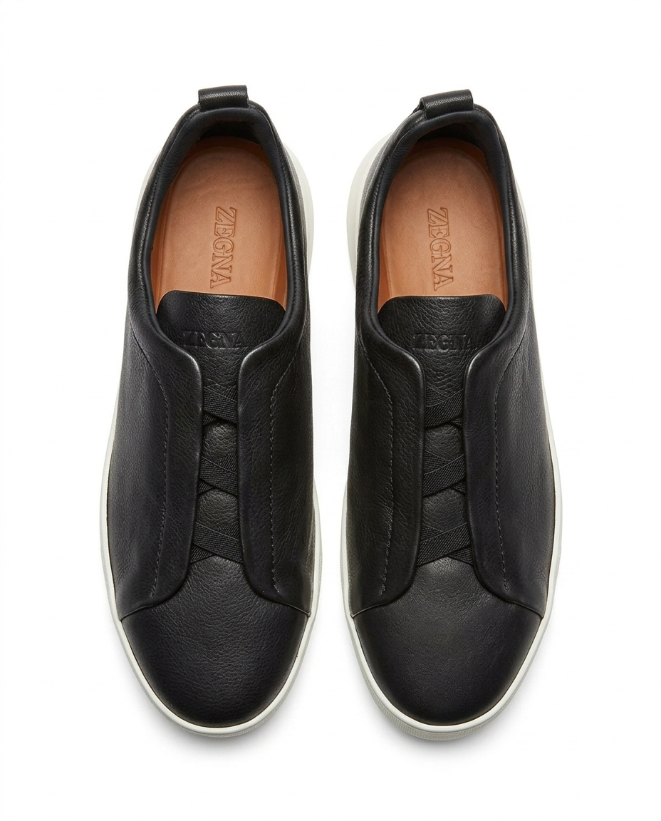 Zegna - Black Leather Slip-On Sneakers