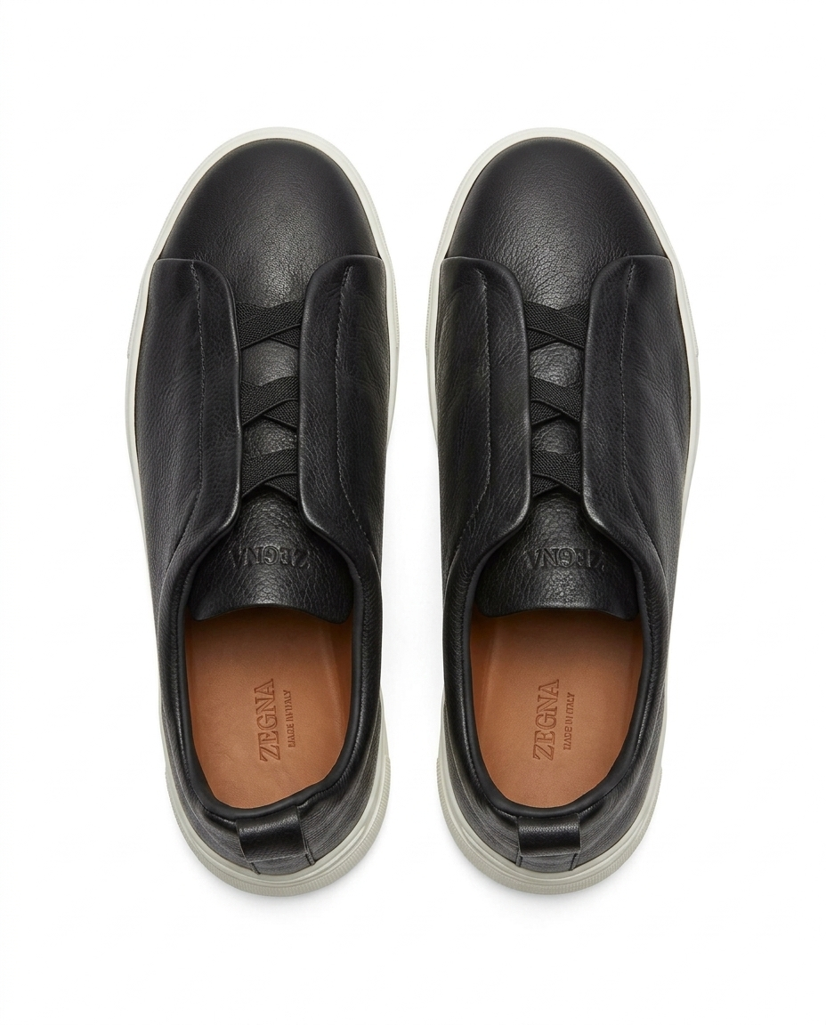 Zegna - Black Leather Slip-On Sneakers