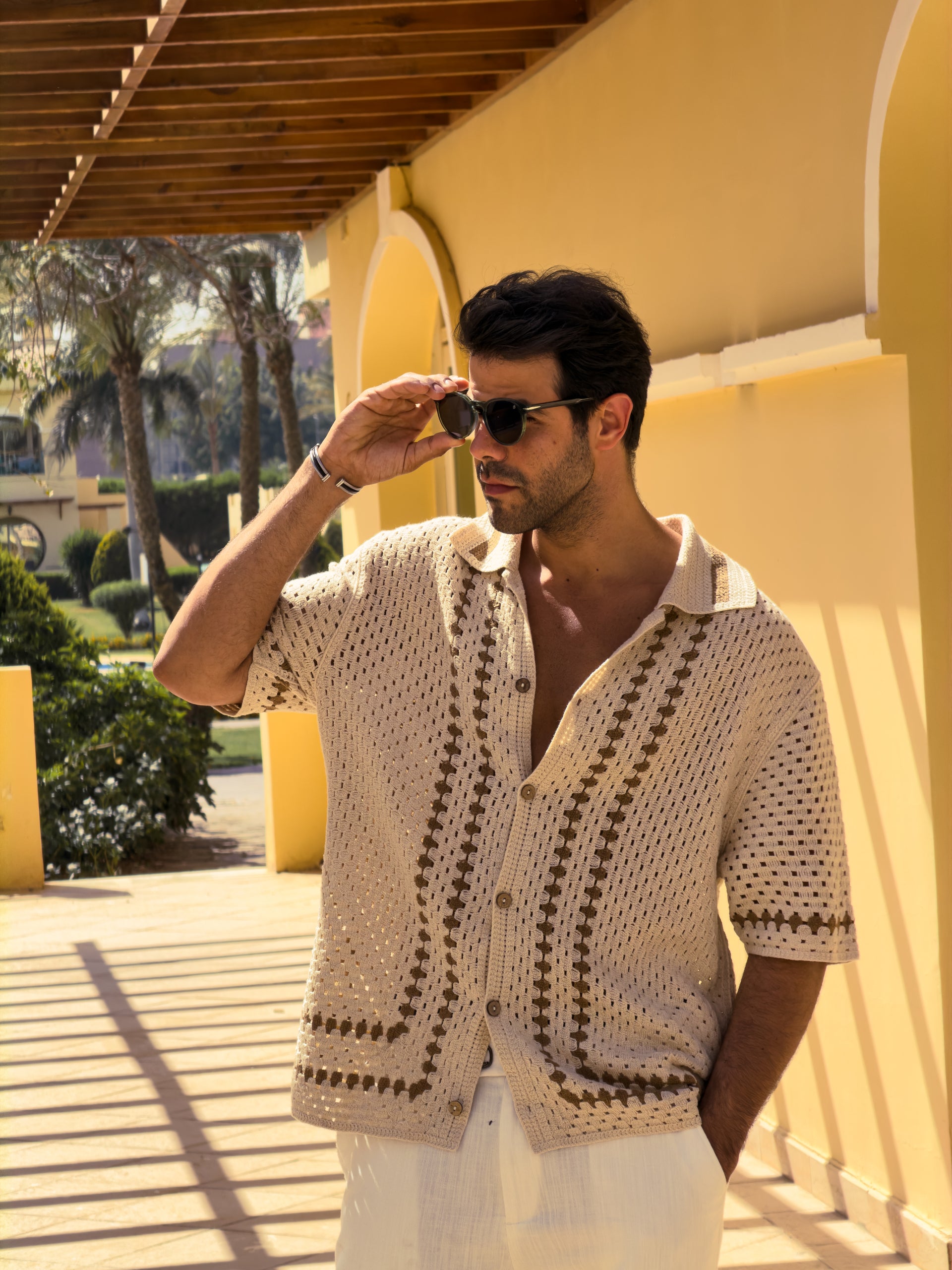 Bzze - Crochet Short Sleeve Shirt - Cream & Tan