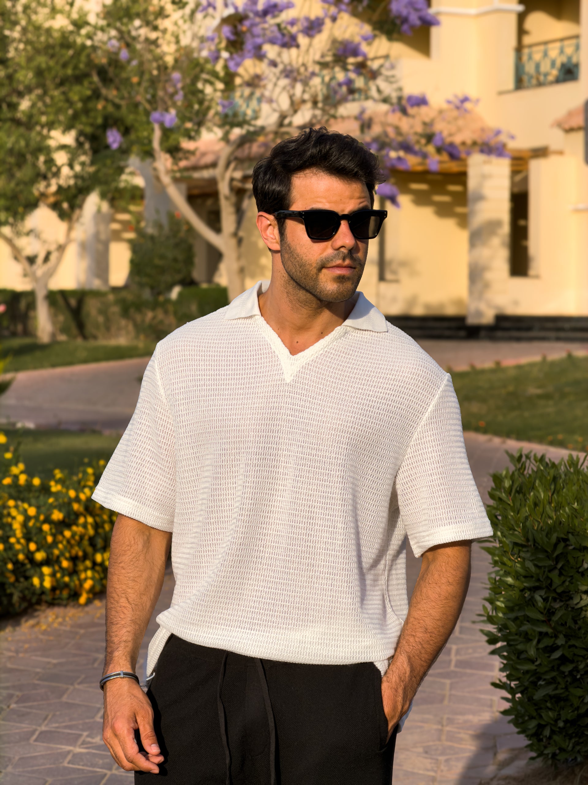 Loro Piana - Open-Knit V-Neck Short-Sleeve Polo, White