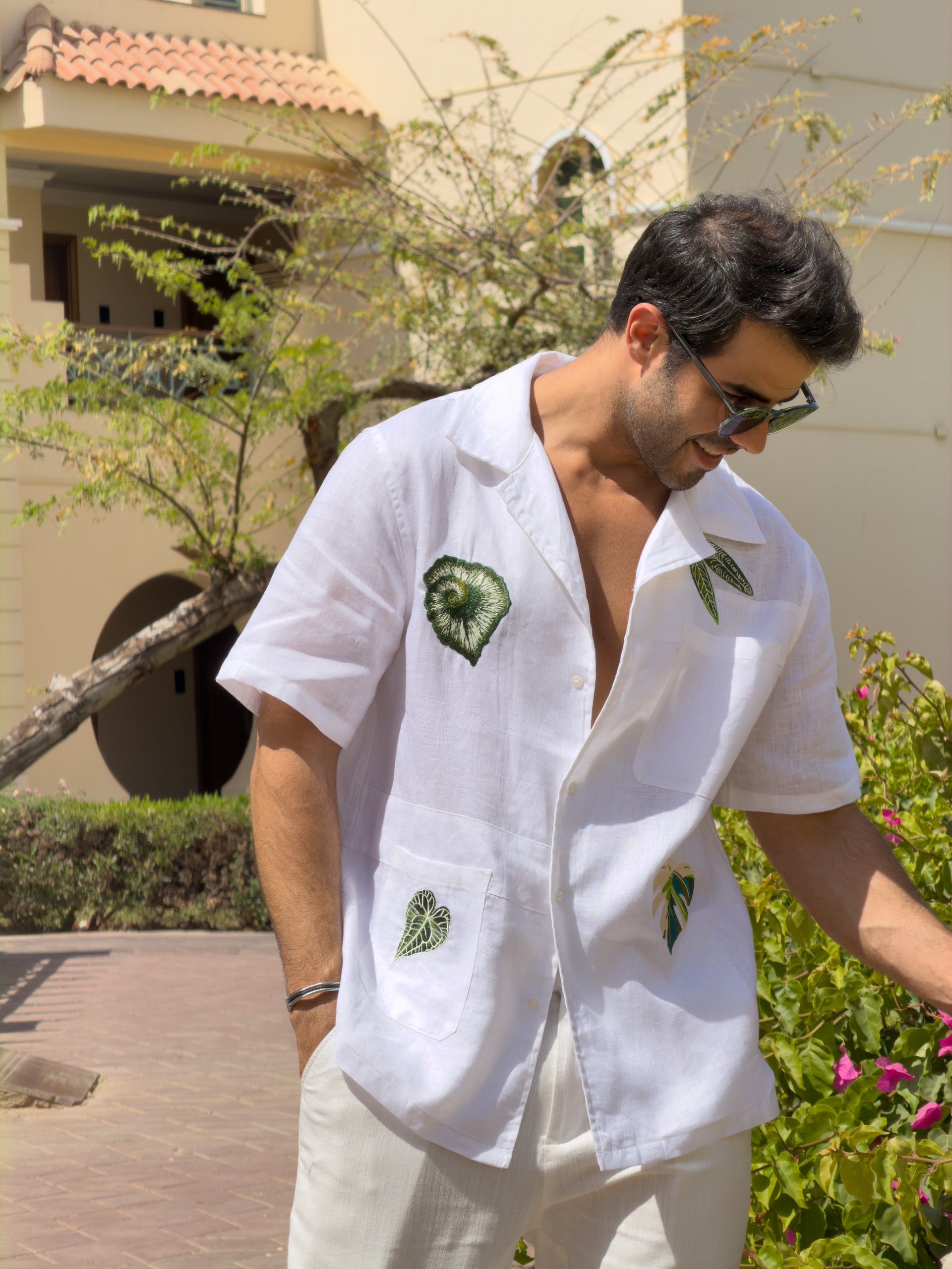 Bzze - White Embroidered Botanical Shirt
