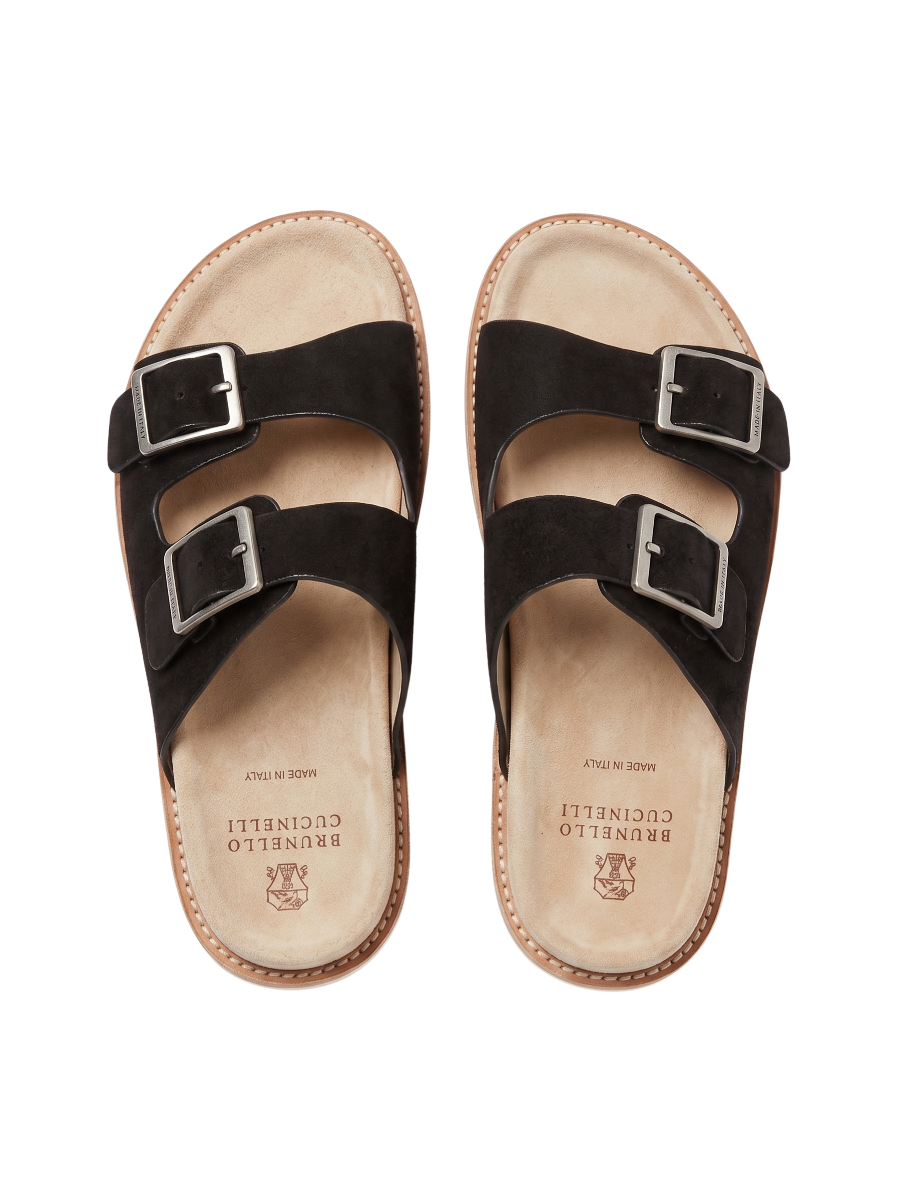 Brunello Cucinelli - Suede Double-Buckle Slide Sandals in Black
