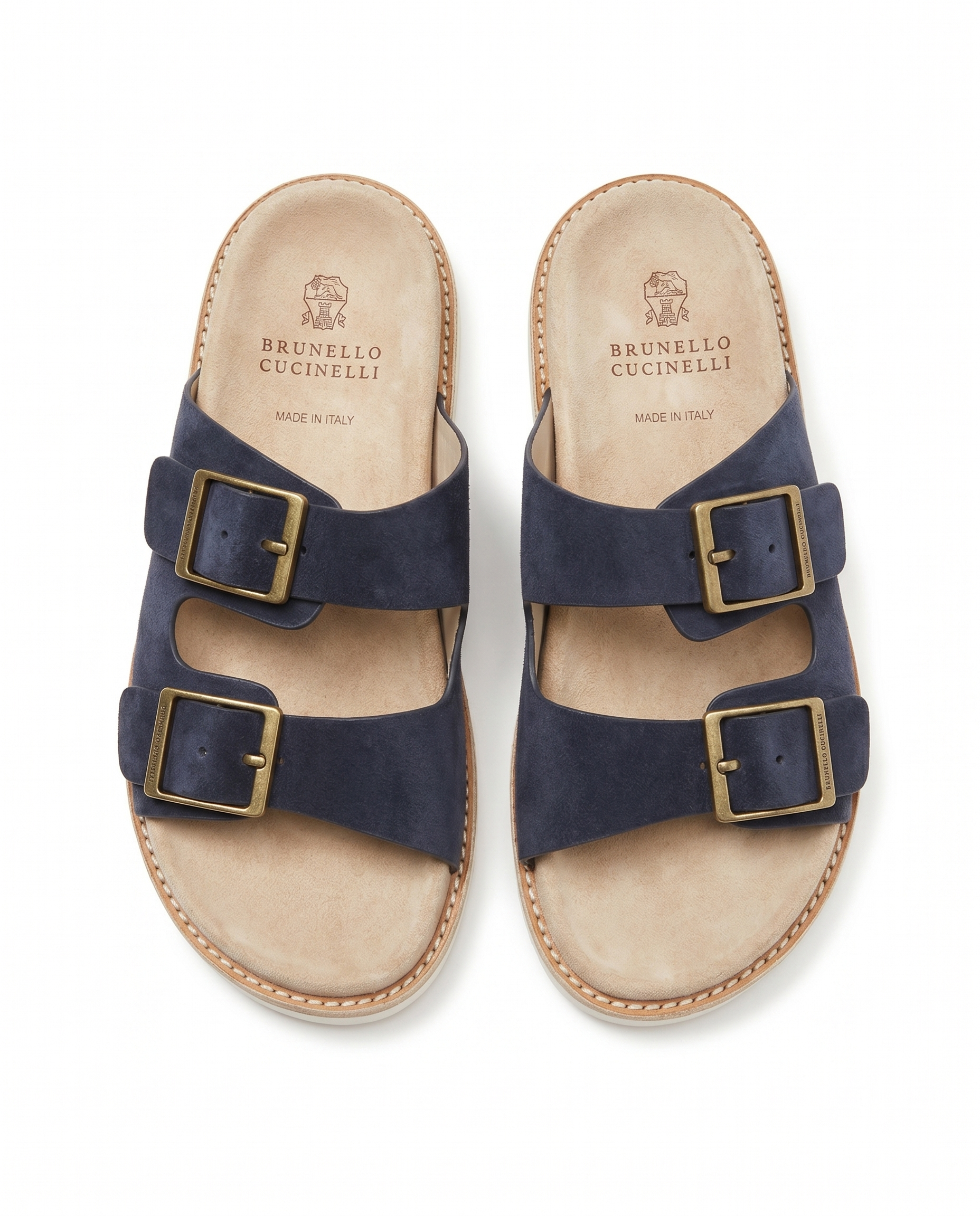 Brunello Cucinelli - Suede Double-Buckle Slide Sandals in blue