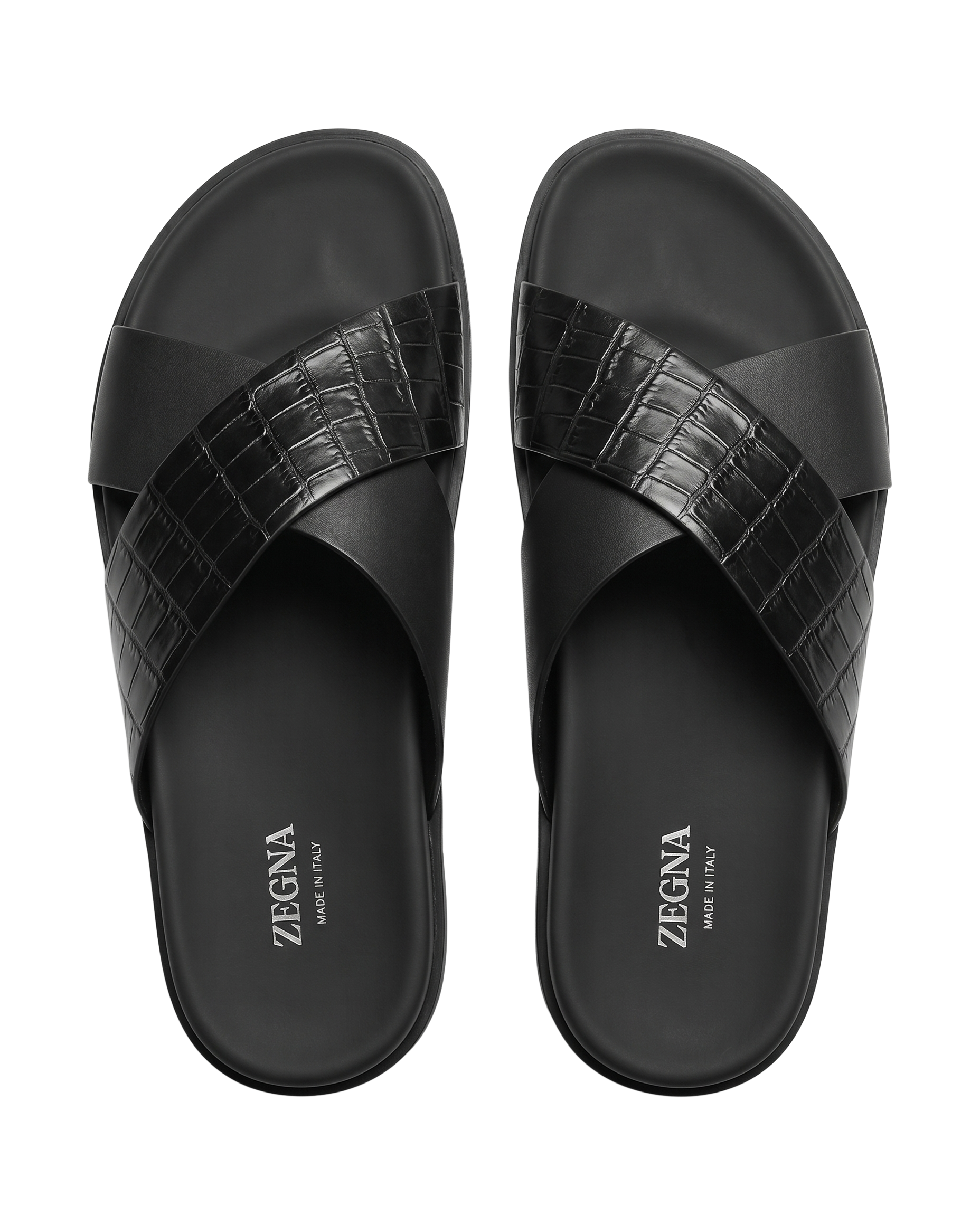 Zegna - Black Croc-Effect Cross-Strap Sandals