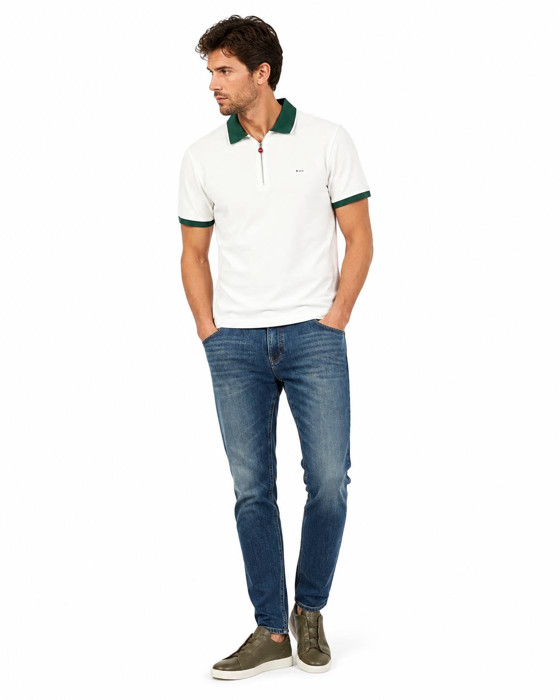 Kiton - Zip-Front Polo - White with Green Trim