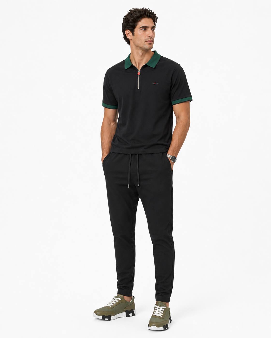 Kiton - Zip-Front Polo - Black with Green Trim